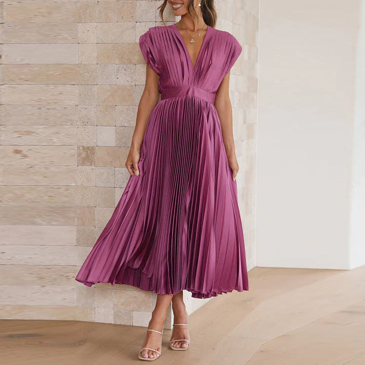 Valantomode | Elegant V-Neck Midi Dress with Pleated Skirt