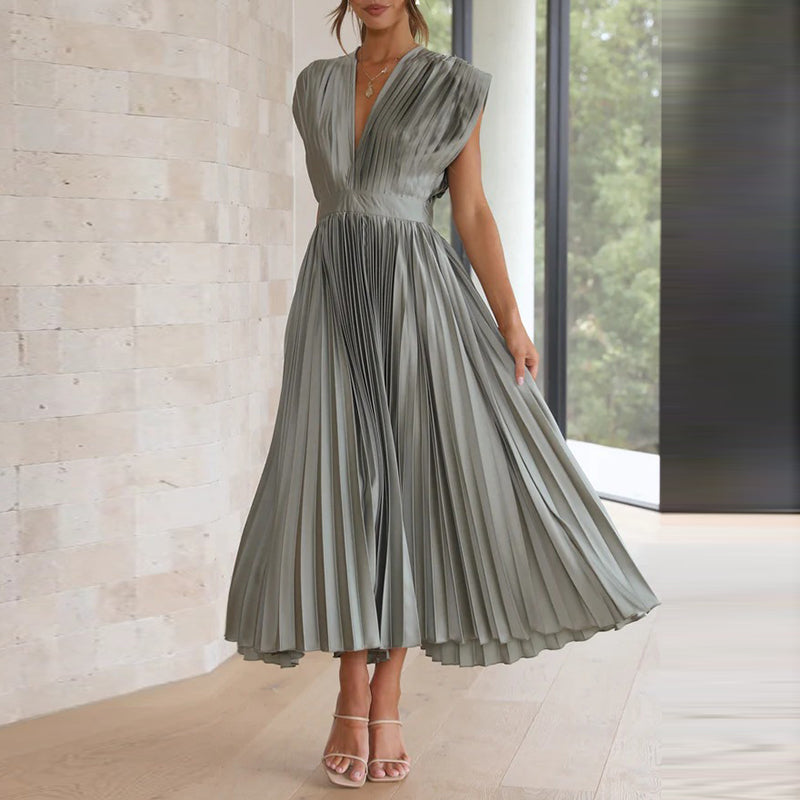 Valantomode | Elegant V-Neck Midi Dress with Pleated Skirt