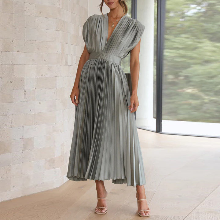 Valantomode | Elegant V-Neck Midi Dress with Pleated Skirt