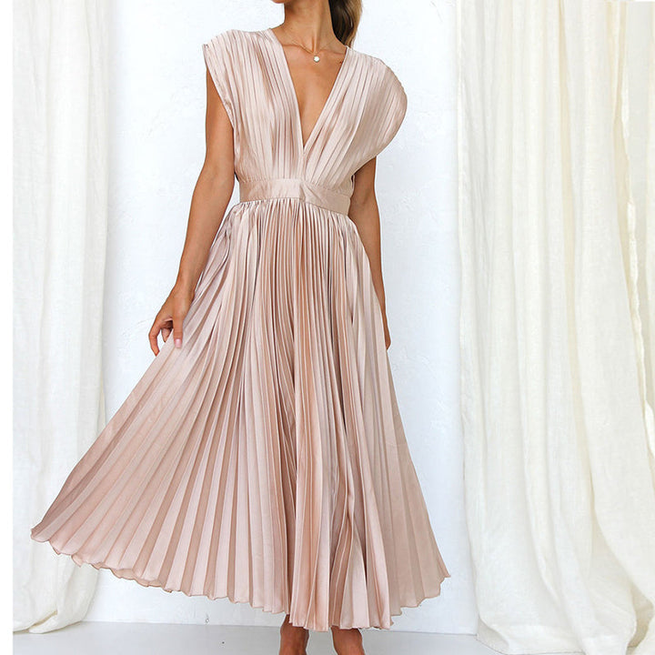 Valantomode | Elegant V-Neck Midi Dress with Pleated Skirt