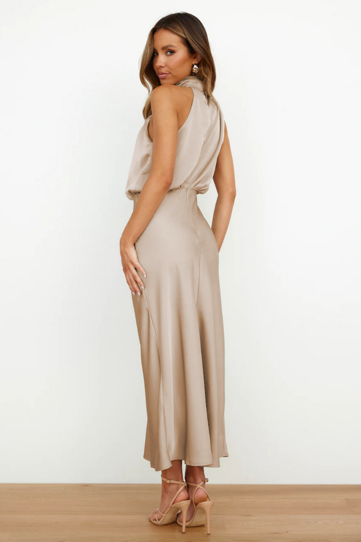 Valantomode | Elegant Draped Cowl Neck Maxi Dress for Effortless Style