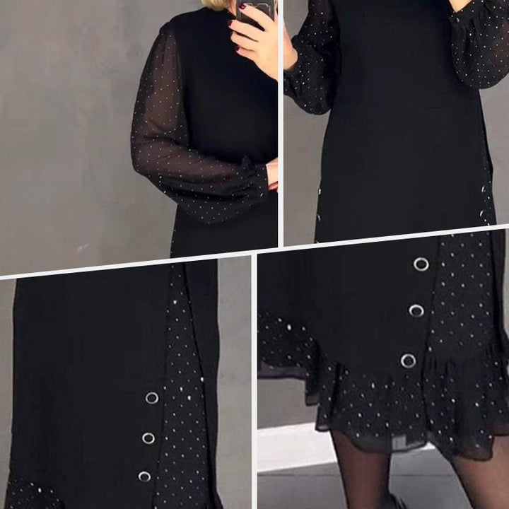 Valantomode | Sparkling Crystal Embellished Dress with Classic Round Neck