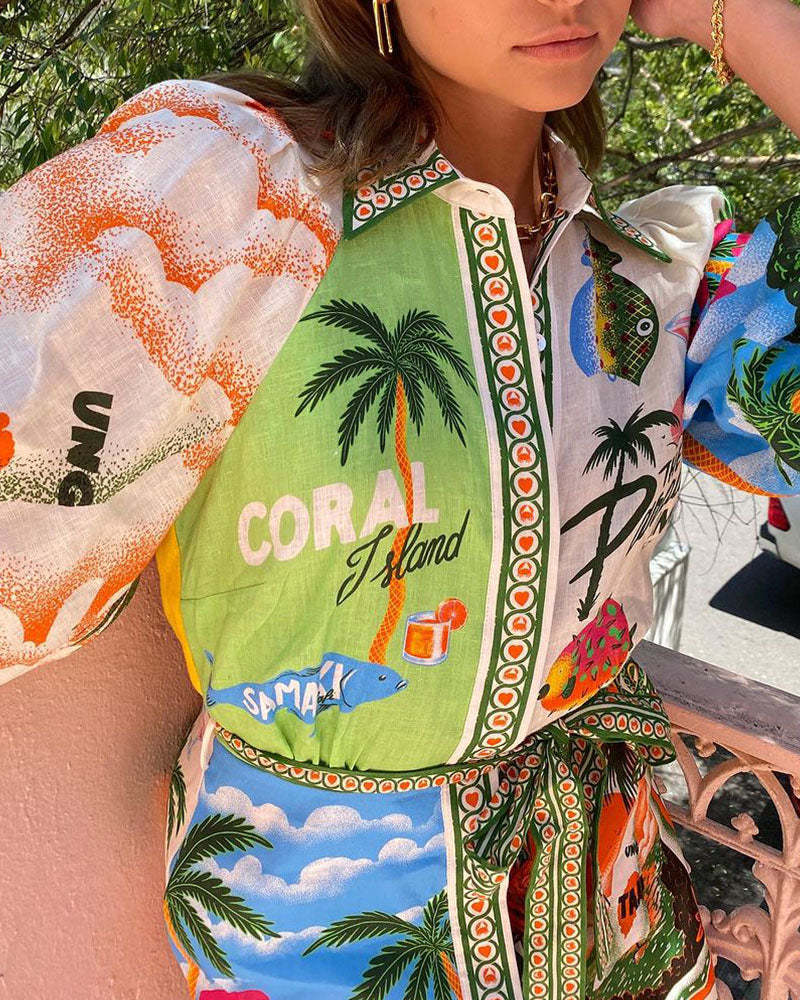 Valantomode | Tropical Shirt Dress with Belt for Stylish Summer Outings