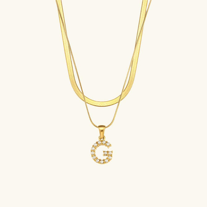 Valantomode | Plated Layered Pearl Initial Necklace with Genuine Freshwater Pearl Architecture