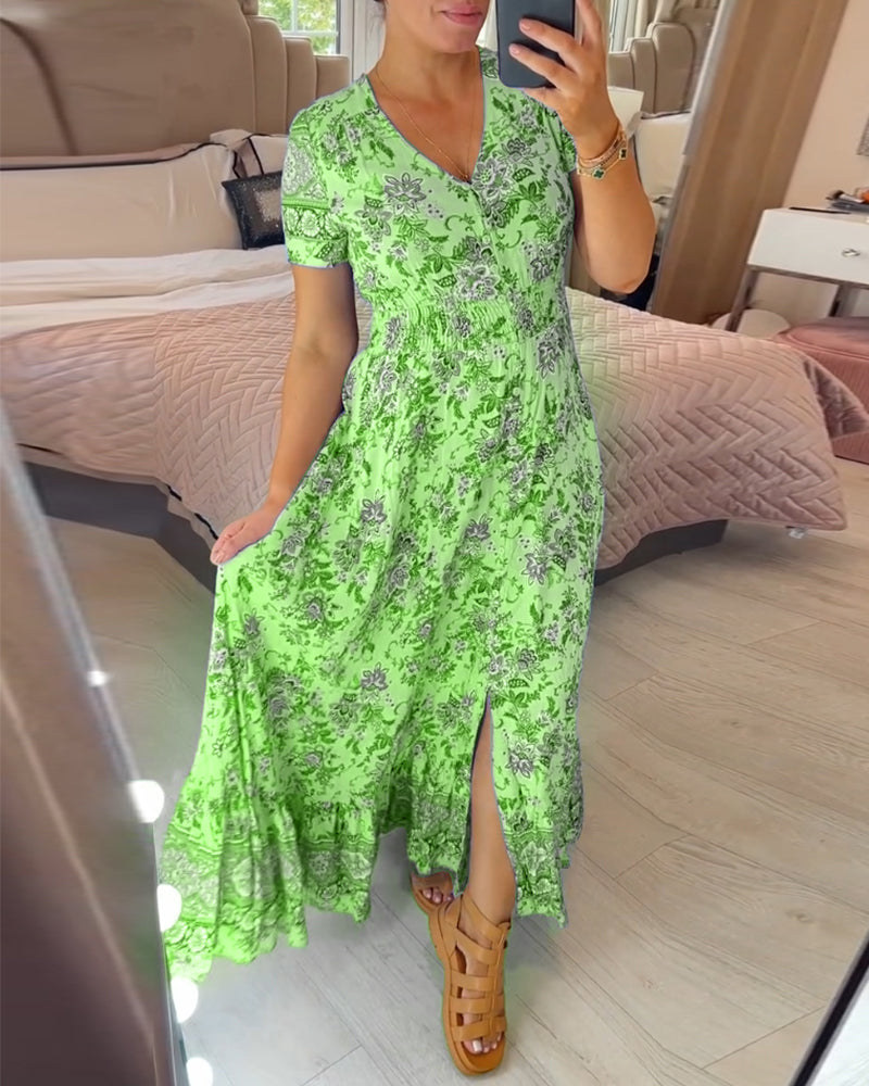 Valantomode | Chic V-Neck Floral Dress for Effortless Summer Glamour