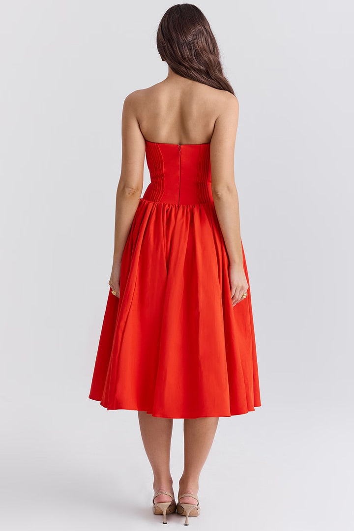 Valantomode | Chic Red Strapless Midi Dress for Effortless Elegance
