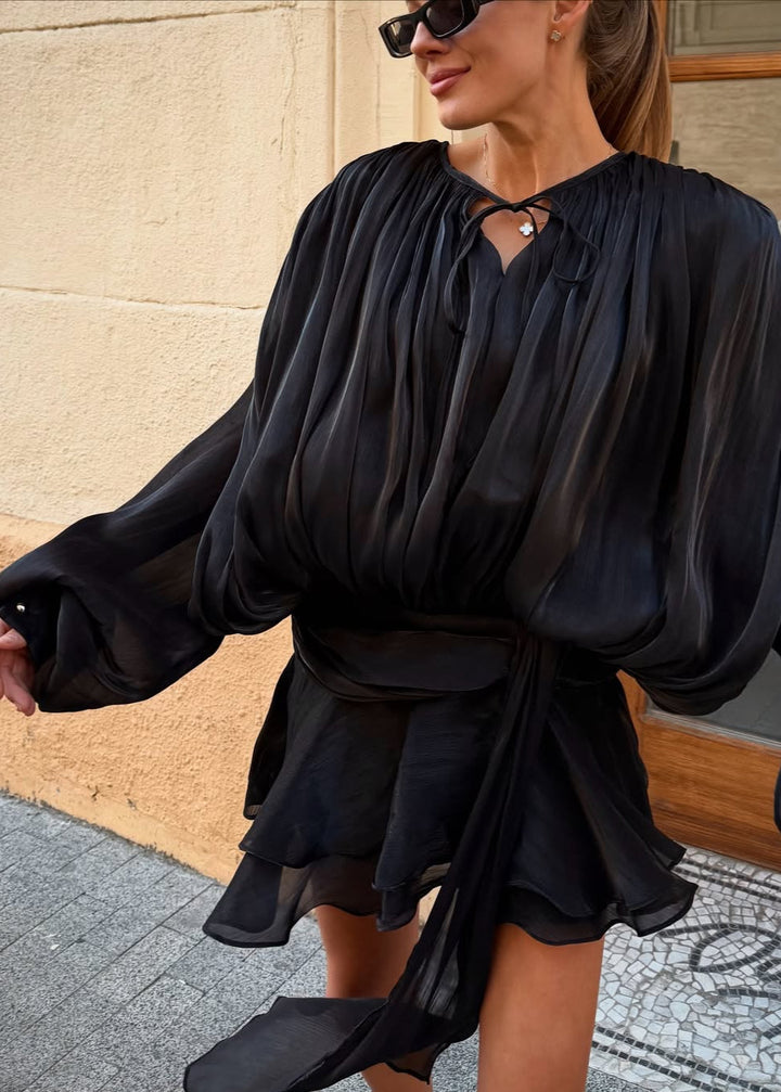 Valantomode | Stunning Black Mini Dress with Pearl Button Details