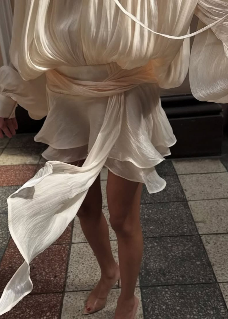Valantomode | Chic Champagne Mini Dress with Pleats and Pearl Accents