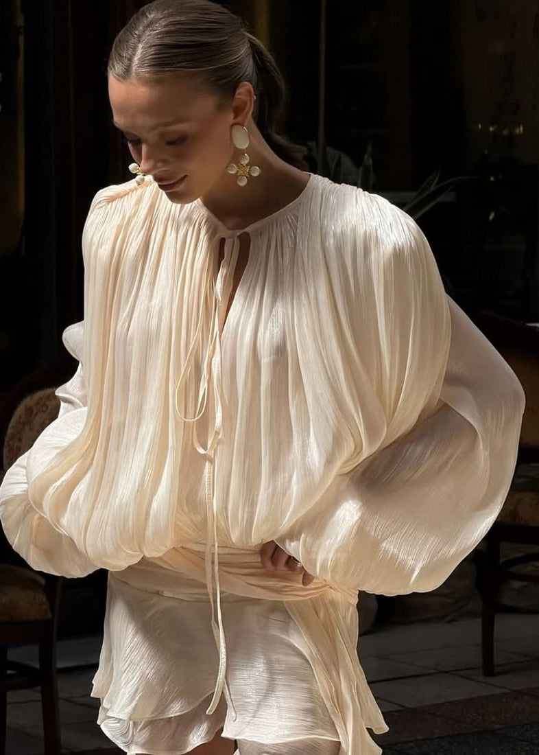 Valantomode | Chic Champagne Mini Dress with Pleats and Pearl Accents