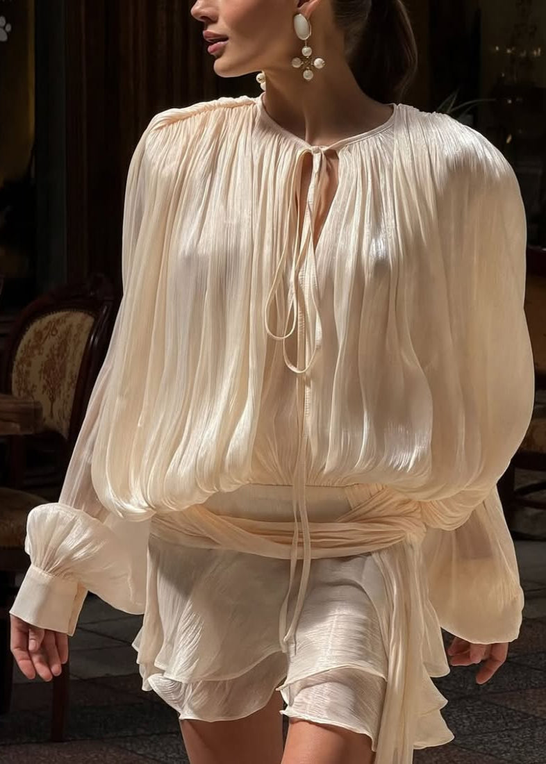 Valantomode | Chic Champagne Mini Dress with Pleats and Pearl Accents