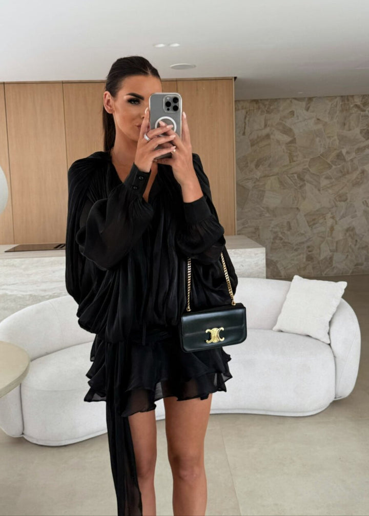 Valantomode | Stunning Black Mini Dress with Pearl Button Details