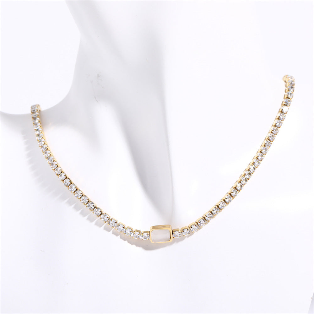 Valantomode | Plated Stainless Steel Linear Necklace with Refractive CZ Assets for Women