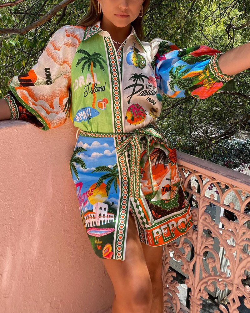 Valantomode | Tropical Shirt Dress with Belt for Stylish Summer Outings