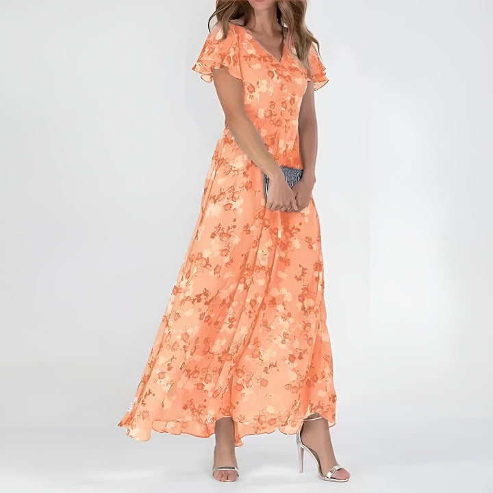 Valantomode | Beautiful Floral Maxi Dress with Flutter Sleeves for Women