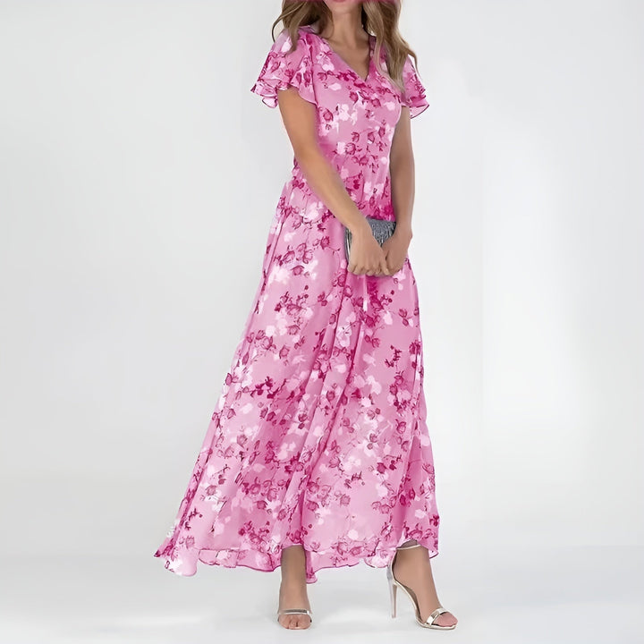 Valantomode | Beautiful Floral Maxi Dress with Flutter Sleeves for Women