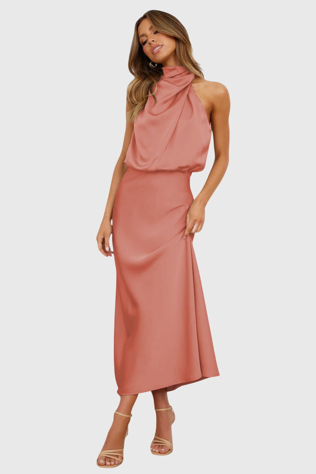 Valantomode | Stylish Satin Halter Dress for Evening Parties