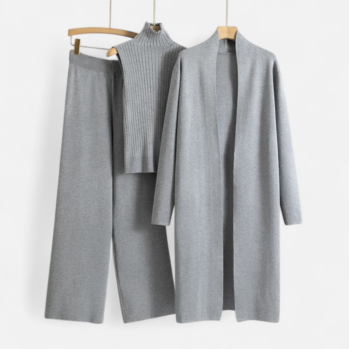 Valantomode | Women’s Soft Knitted 3-Piece Set - Cozy Cardigan, Crop Top & Pants Lounge Set