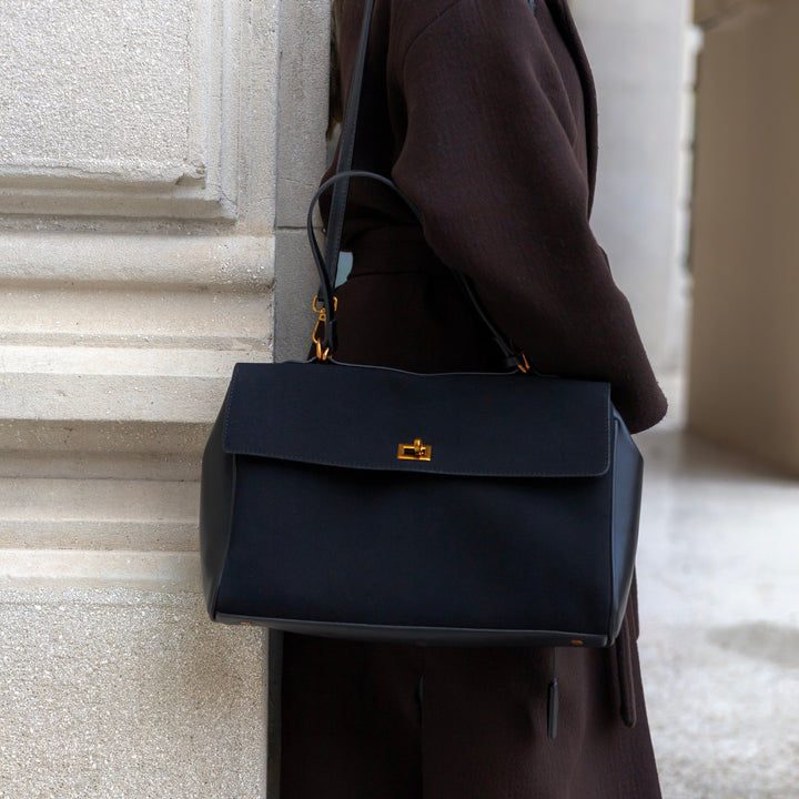 Valantomode | Velvet Vanguard Tote – Premium Faux Suede Business Bag with Turn-Lock & Vegan Leather Handles