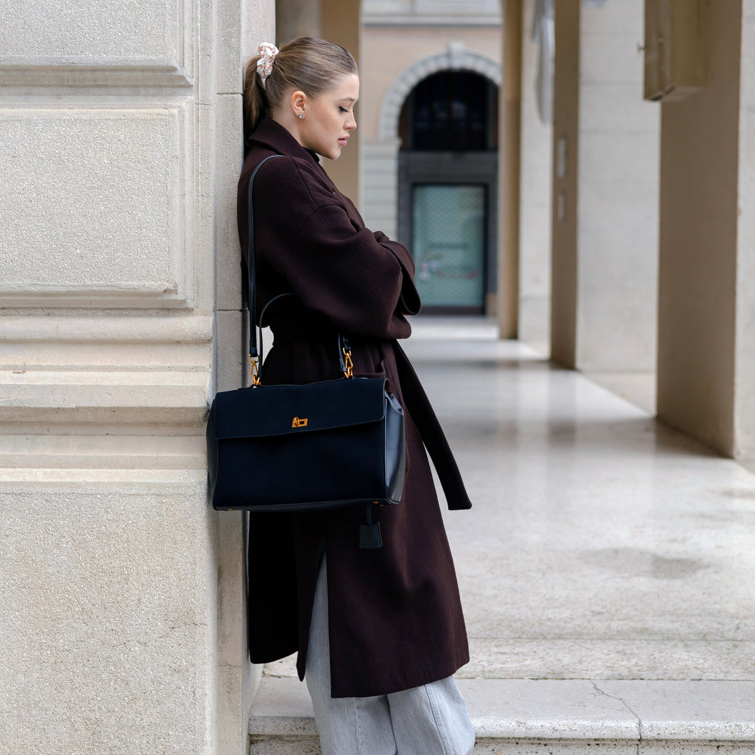 Valantomode | Velvet Vanguard Tote – Premium Faux Suede Business Bag with Turn-Lock & Vegan Leather Handles