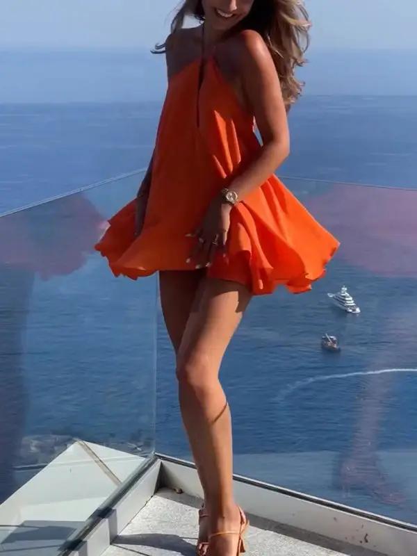 Valantomode | Stylish A-Line Summer Dress with V-Neck and Open Back