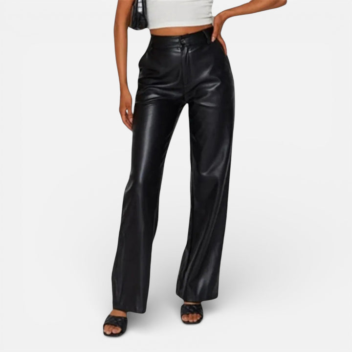 Valantomode | Women’s Faux Leather Straight-Leg Pants with Zipper Fly