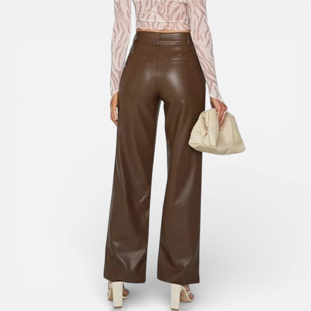 Valantomode | Women’s Faux Leather Straight-Leg Pants with Zipper Fly