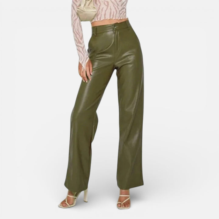 Valantomode | Women’s Faux Leather Straight-Leg Pants with Zipper Fly