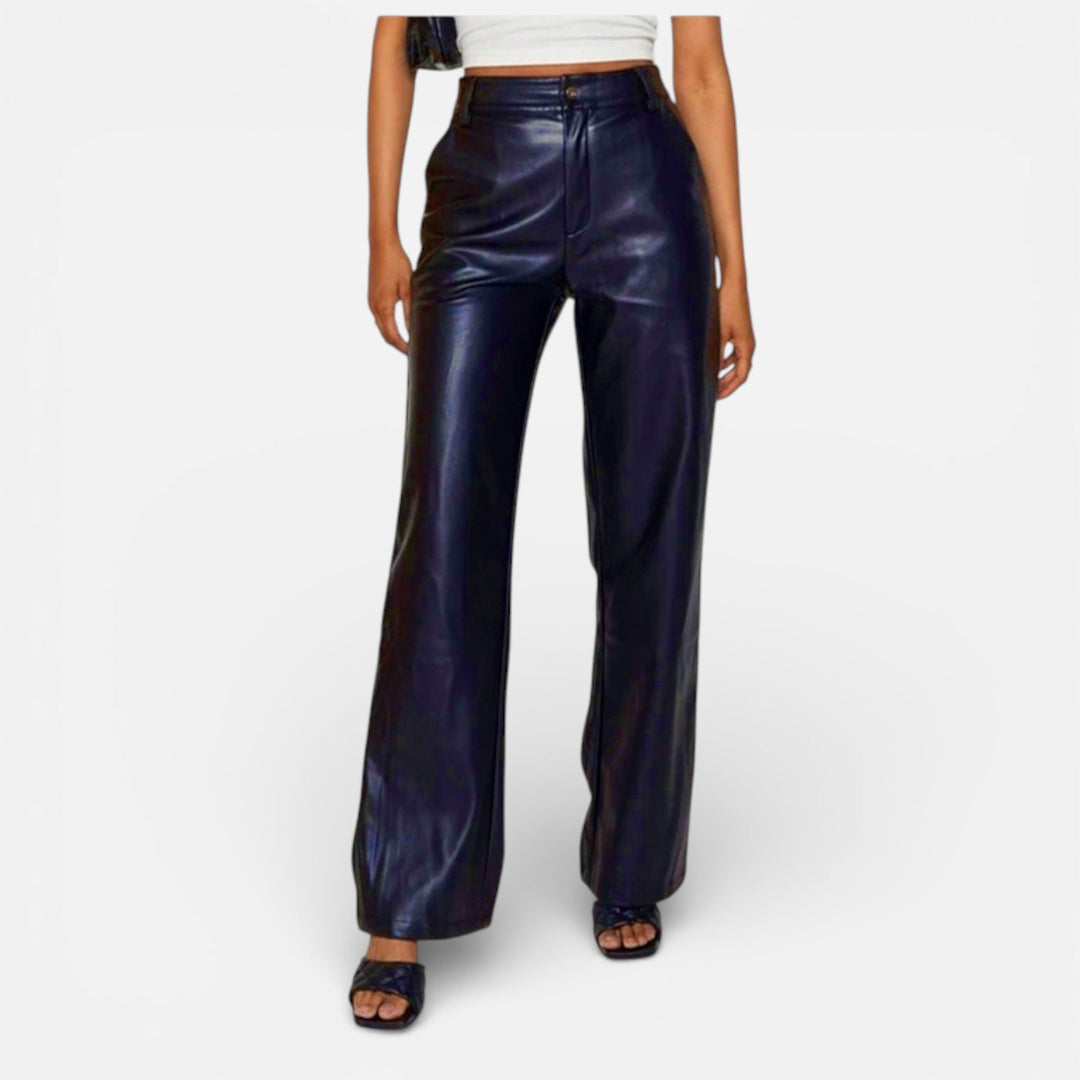 Valantomode | Women’s Faux Leather Straight-Leg Pants with Zipper Fly