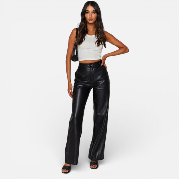 Valantomode | Women’s Faux Leather Straight-Leg Pants with Zipper Fly