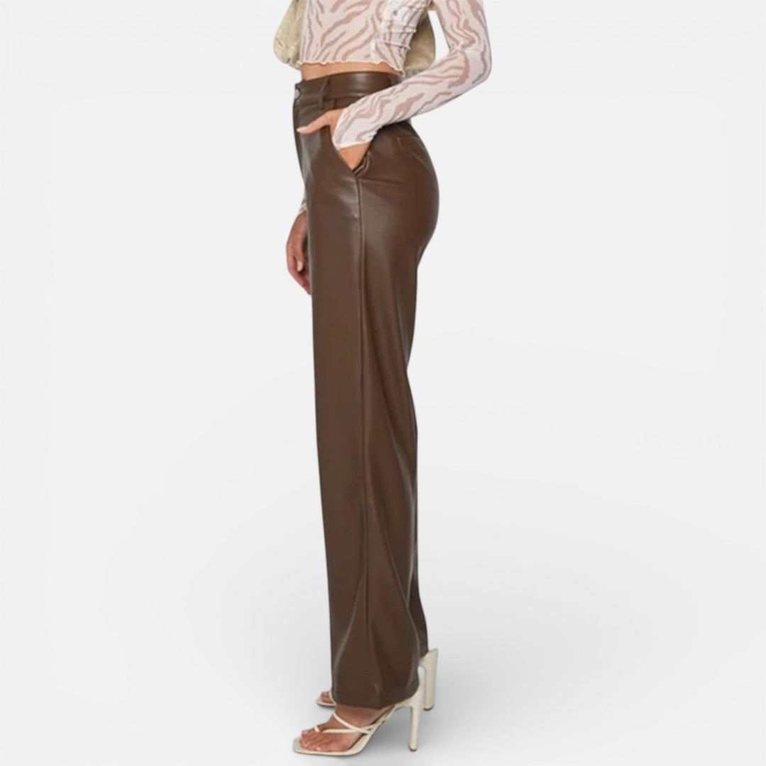 Valantomode | Women’s Faux Leather Straight-Leg Pants with Zipper Fly