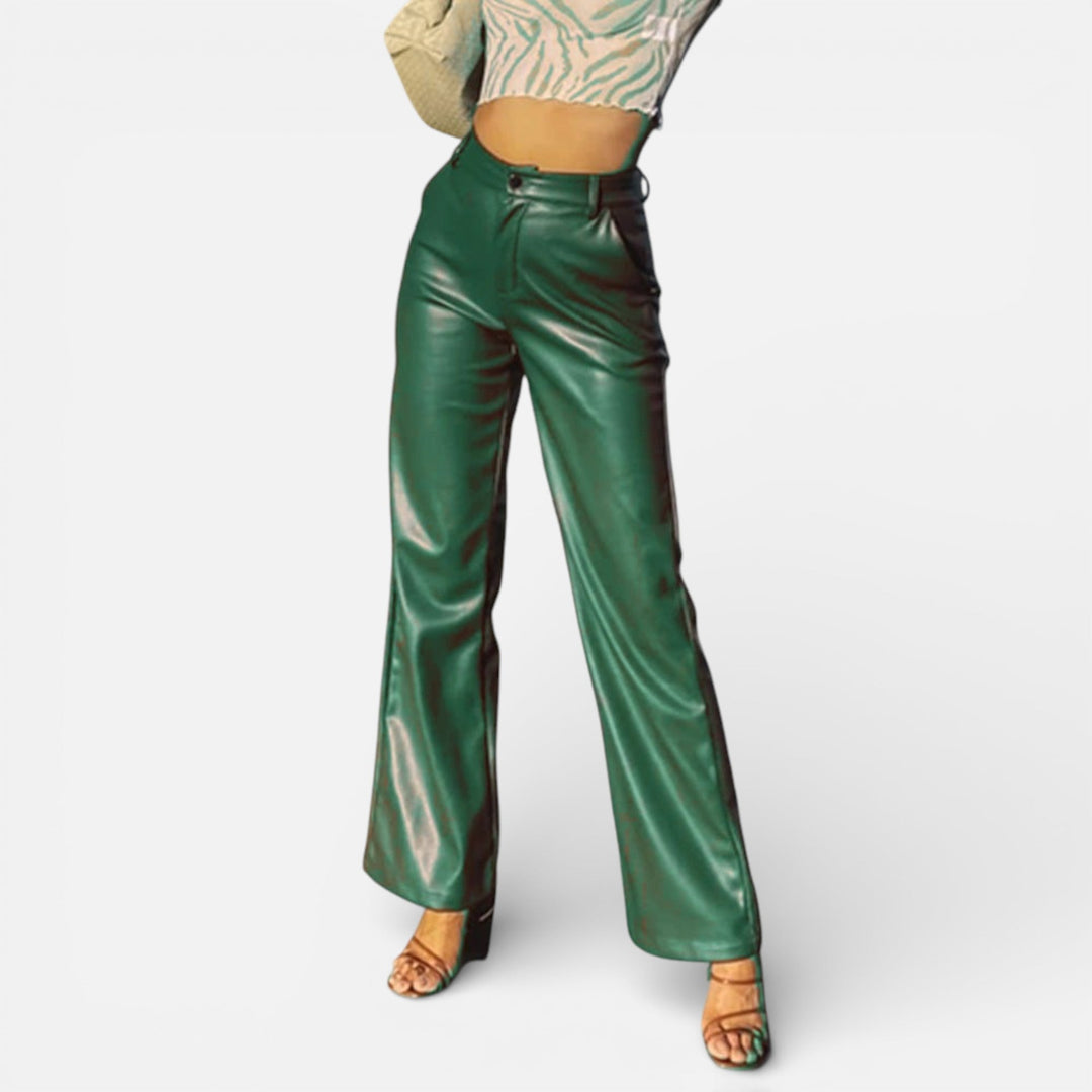 Valantomode | Women’s Faux Leather Straight-Leg Pants with Zipper Fly
