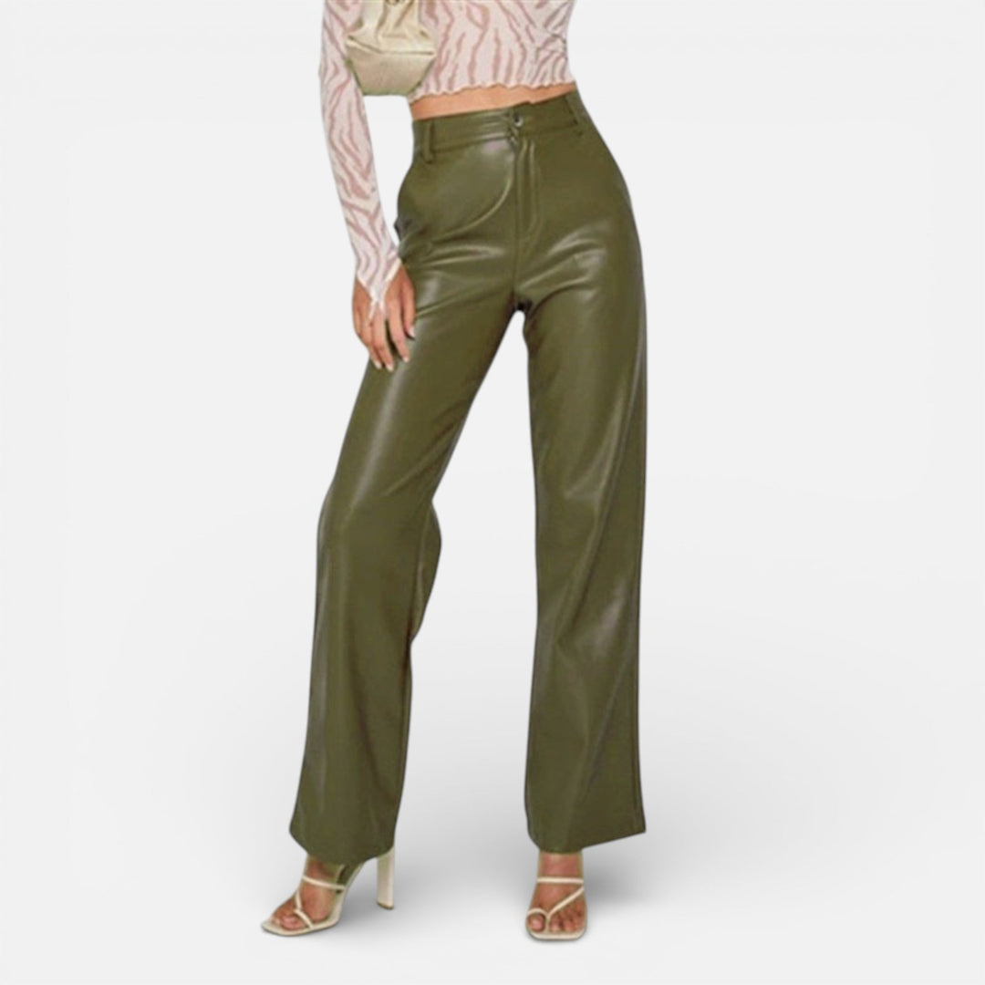 Valantomode | Women’s Faux Leather Straight-Leg Pants with Zipper Fly