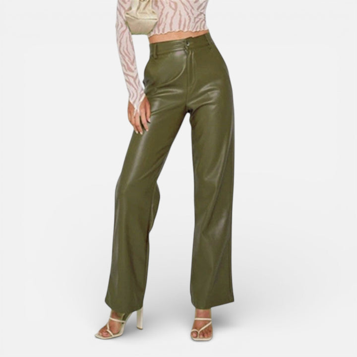 Valantomode | Women’s Faux Leather Straight-Leg Pants with Zipper Fly