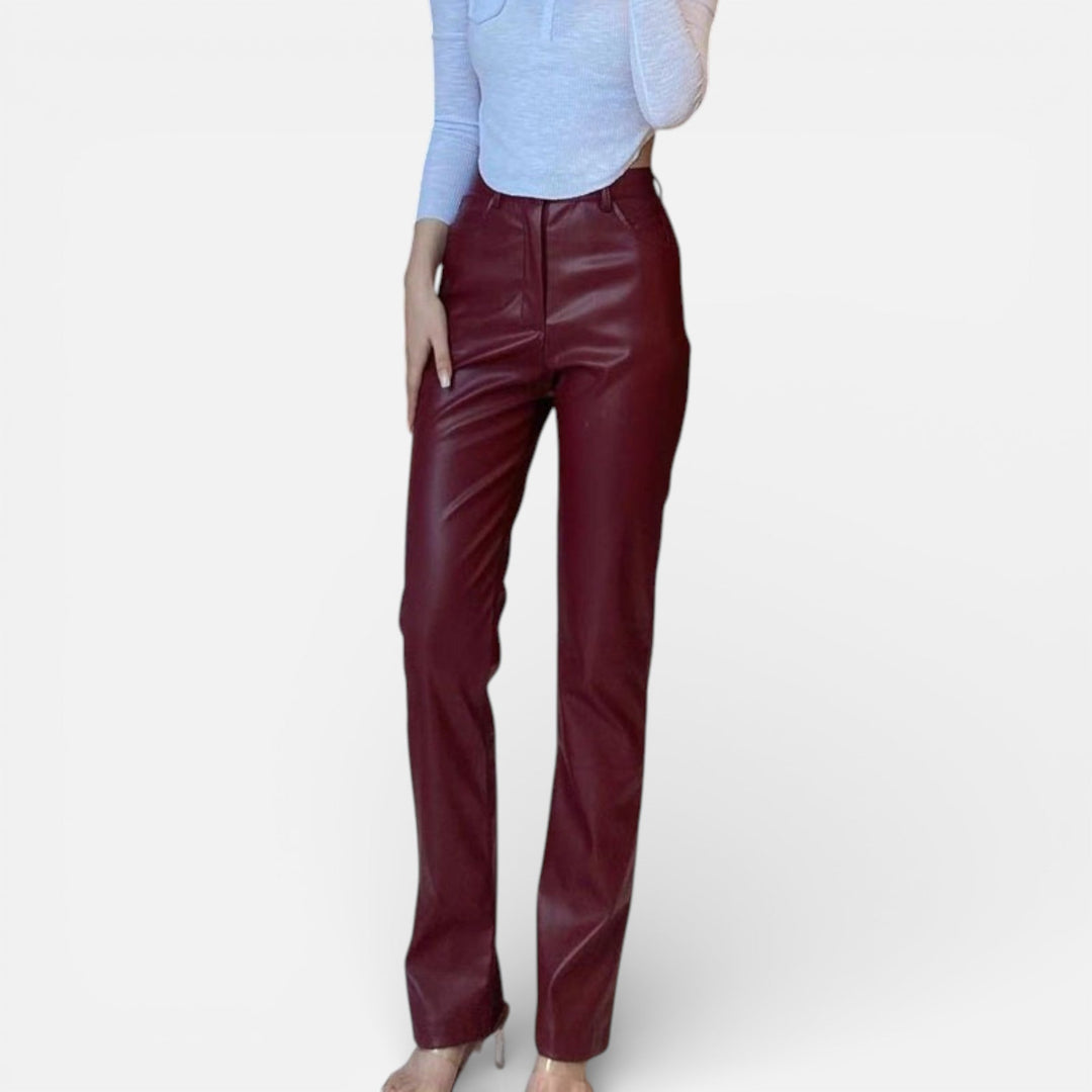 Valantomode | Women’s Faux Leather Straight-Leg Pants with Zipper Fly