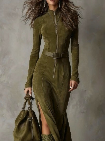 Valantomode | Stylish Suede Dress with Belt for Effortless Fashion