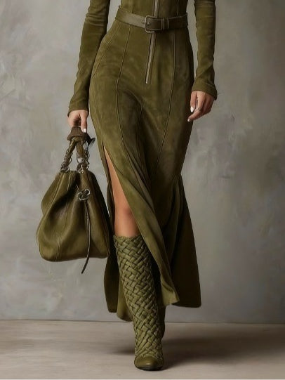 Valantomode | Stylish Suede Dress with Belt for Effortless Fashion