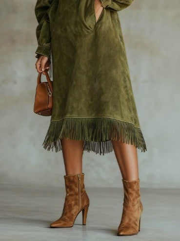 Valantomode | Stylish Suede Fringe Dress for Trendy Night Out