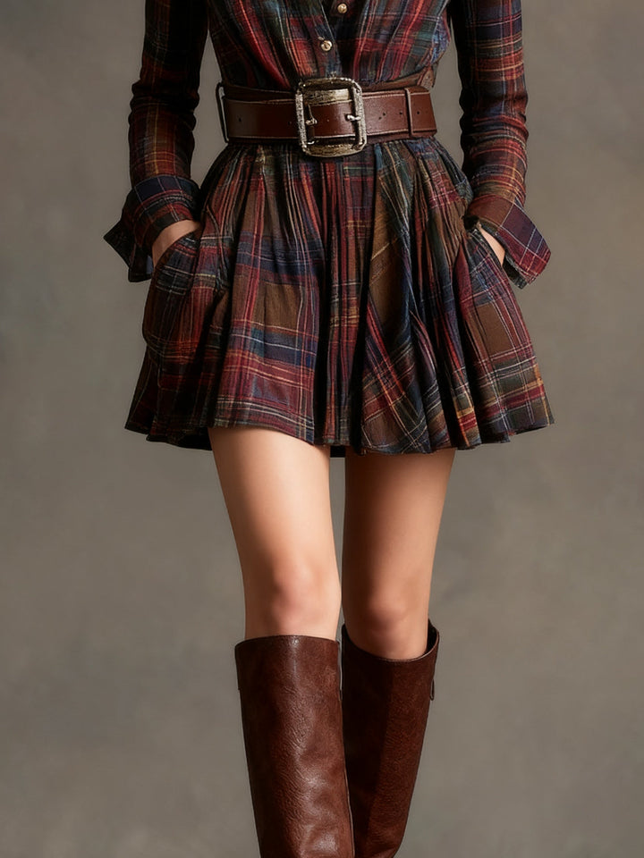 Valantomode | Retro Red and Brown Checkered Mini Dress with Belt