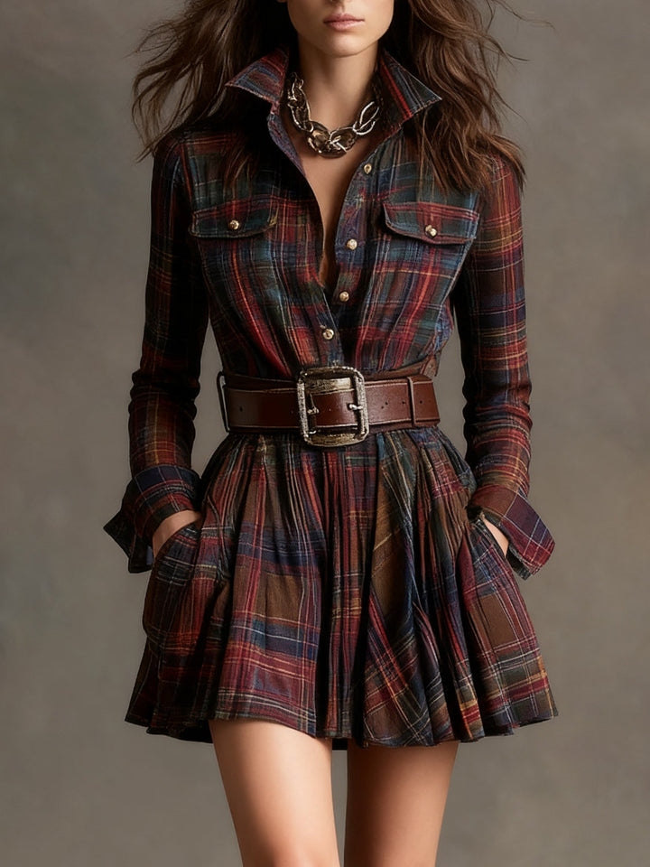 Valantomode | Retro Red and Brown Checkered Mini Dress with Belt