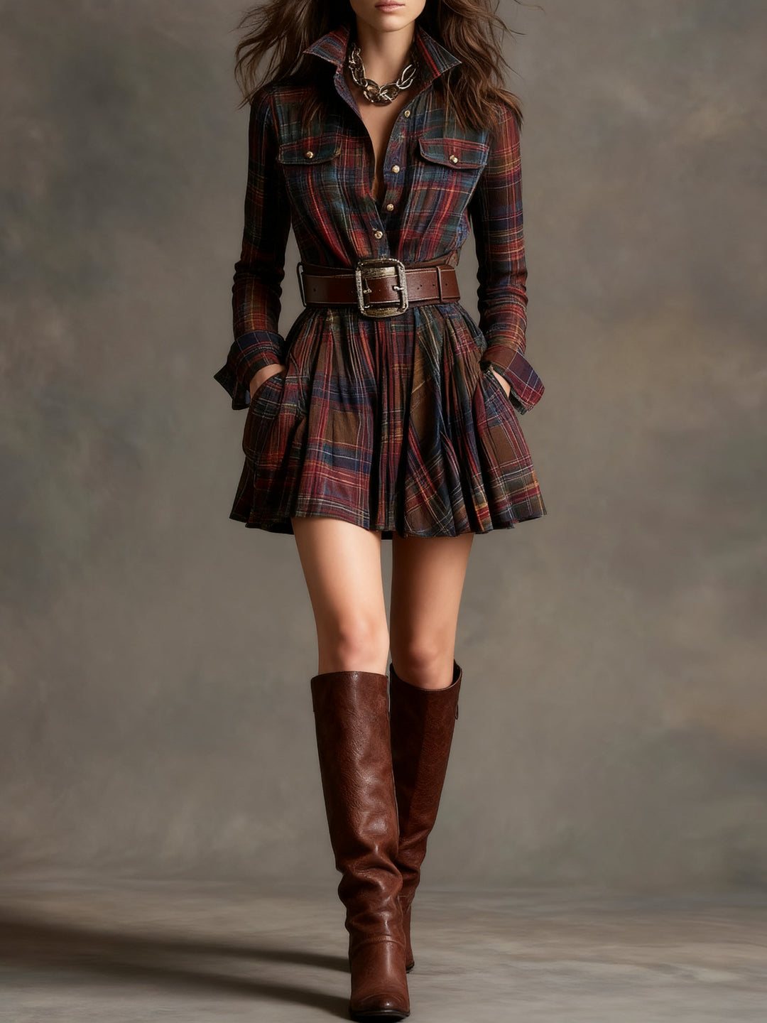 Valantomode | Chic Red and Brown Plaid Mini Dress for Trendy Outfits