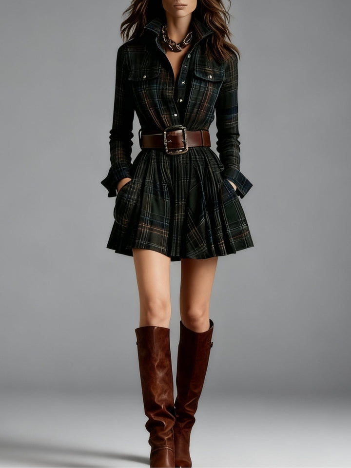 Valantomode | Charming Red and Brown Check Mini Dress with Vintage Collar