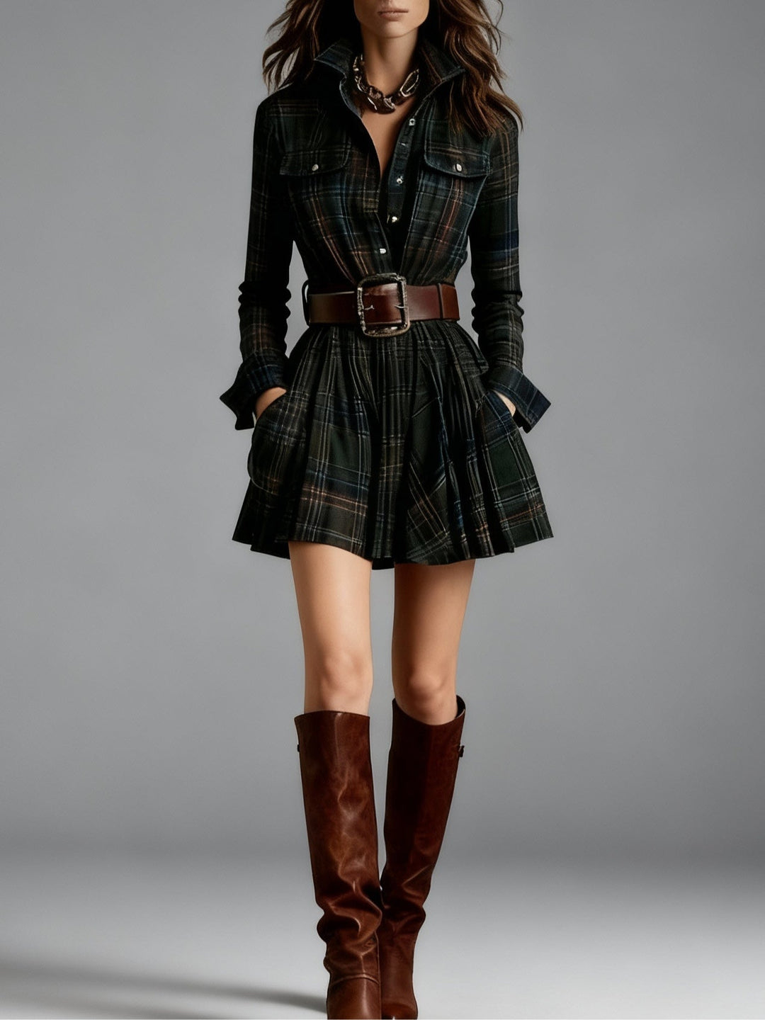 Valantomode | Chic Red and Brown Plaid Mini Dress for Trendy Outfits
