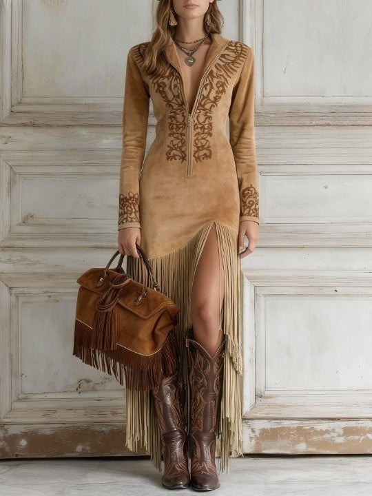 Valantomode | Chic Western Maxi Dress with Trendy Fringes for Women
