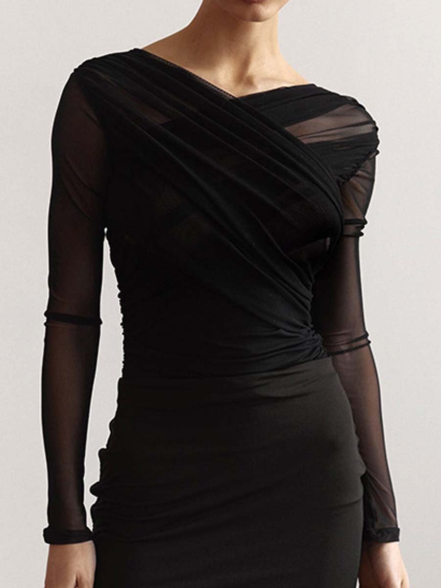 Valantomode | Chic Black Draped Mesh Top for Effortless Style