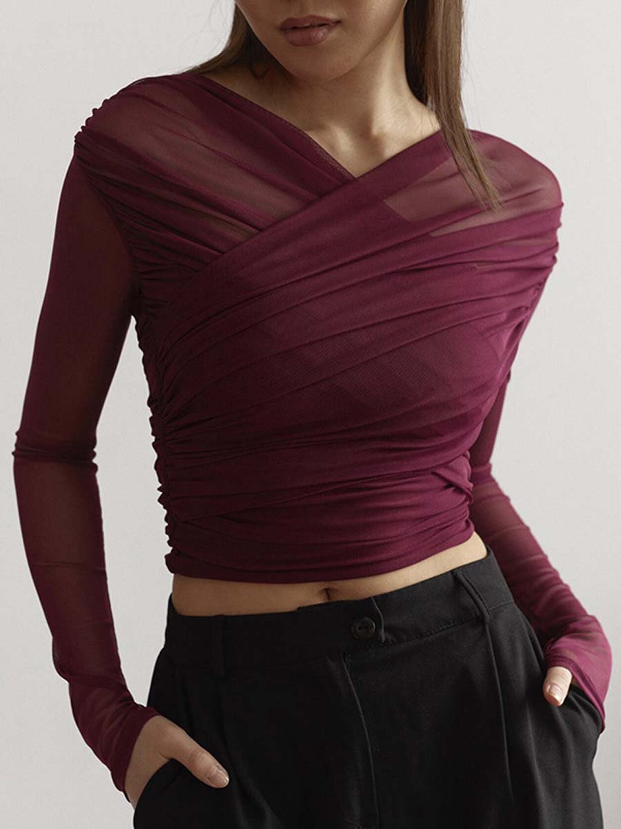 Valantomode | Chic Black Draped Mesh Top for Effortless Style