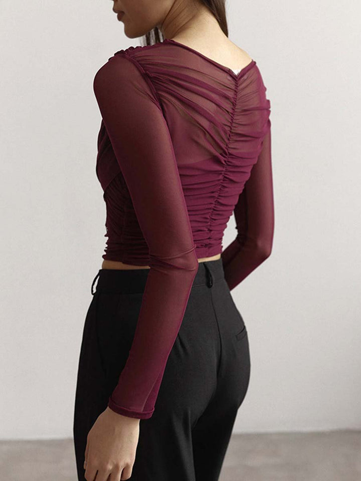 Valantomode | Chic Black Draped Mesh Top for Effortless Style