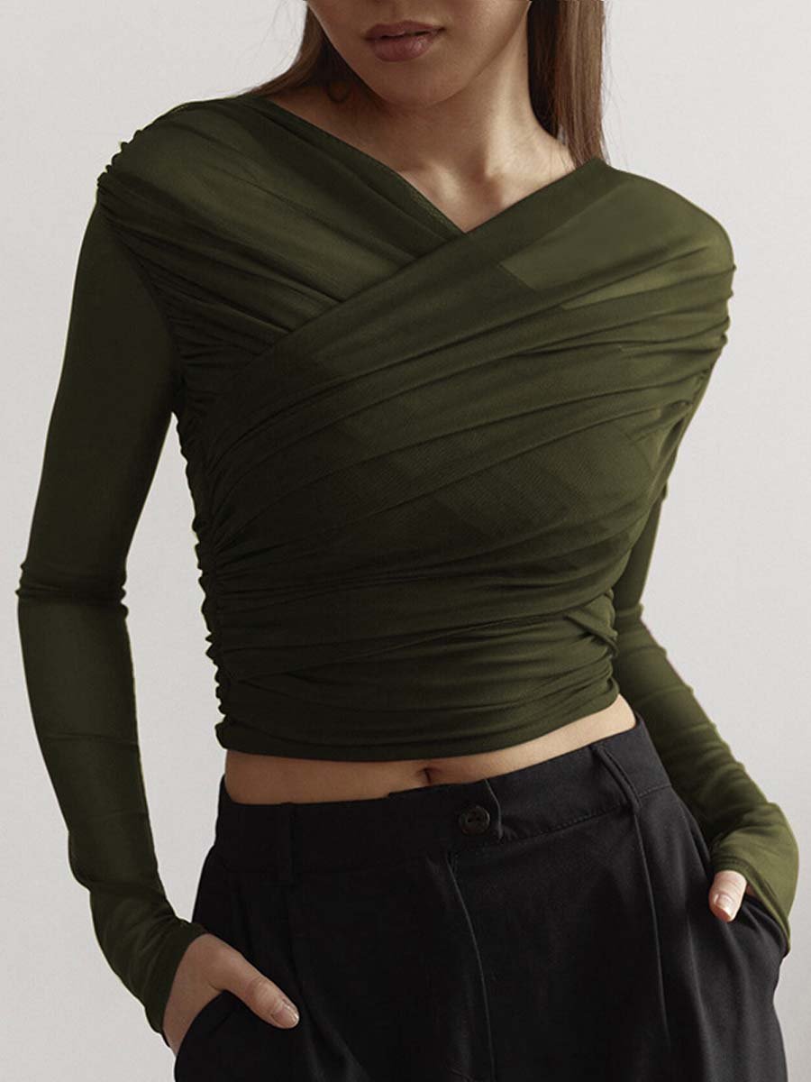 Valantomode | Chic Black Draped Mesh Top for Effortless Style