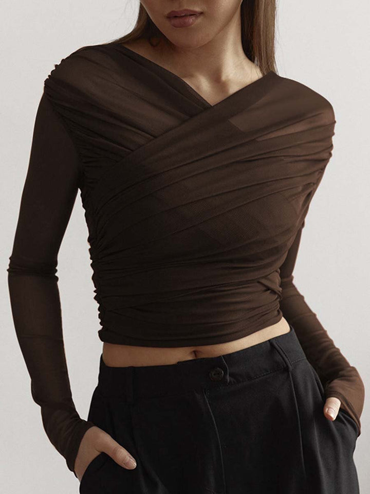 Valantomode | Chic Black Draped Mesh Top for Effortless Style