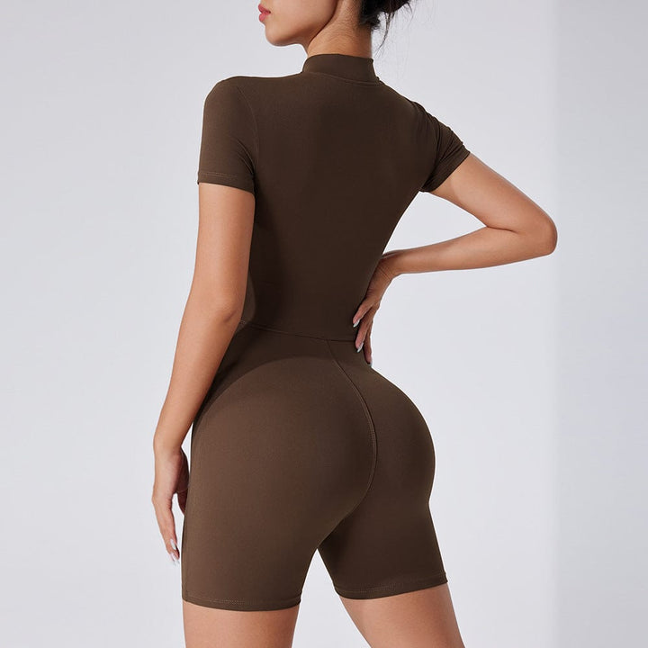 Valantomode | Women's Short Sleeve Yoga Jumpsuit with Front Zip Closure