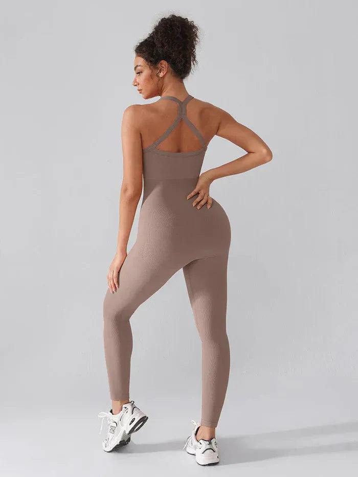 Valantomode | Seamless Yoga Bodysuit with Built-in Bra and Sculpted Butterfly Back